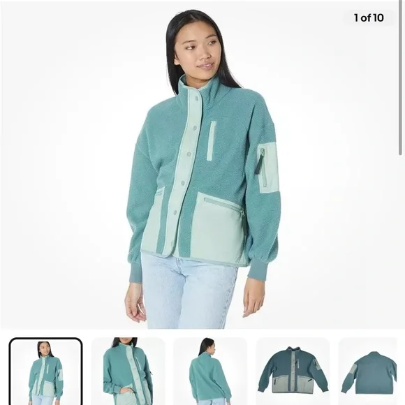 Madewell Large Teal Blue Sherpa Snap Front Zip Jacket Fleece Utility Pkt - Picture 6 of 6